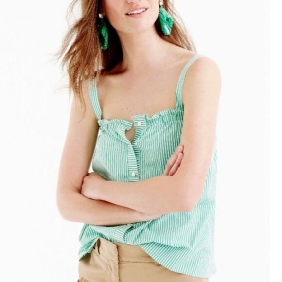 J. Crew NWT Green White Striped Button Front 100% Cotton Cami Tank Top 0 - Picture 2 of 4
